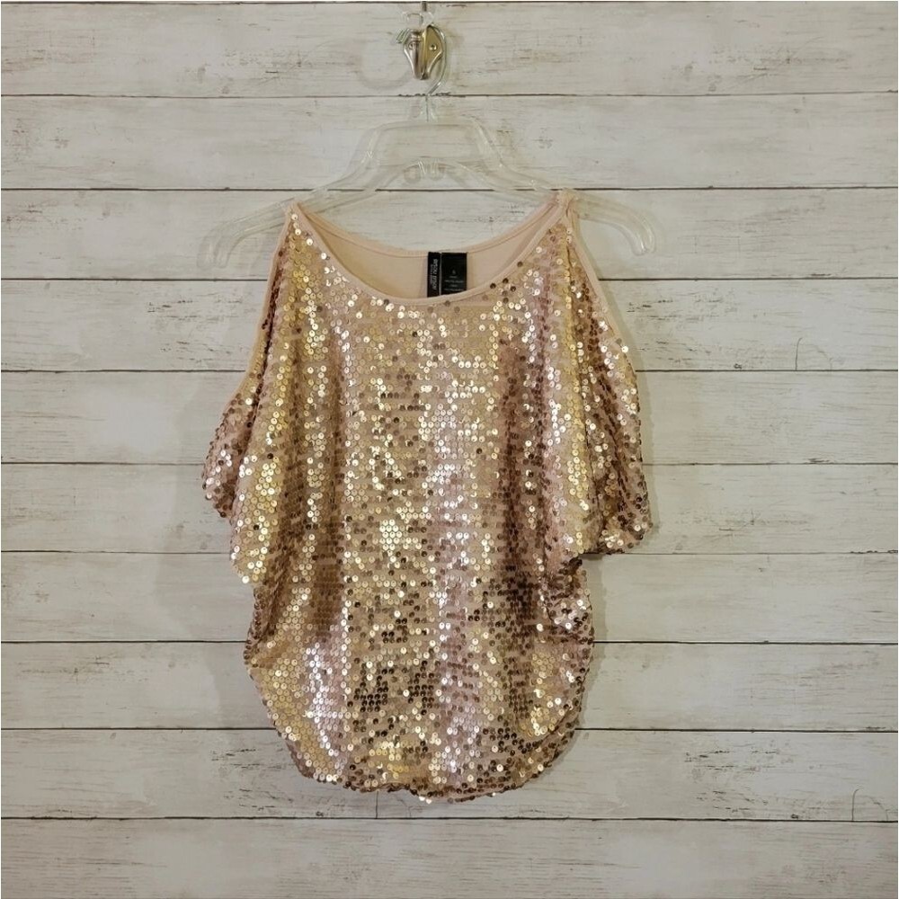 Bisou Bisou Champagne Gold Sequin Top Cold Shoulder Elastic Hem Sparkle Size S